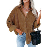 Rarove 2023 Autumn Fashion Vintage Corduroy Blouse Jacket Strip Shirt Women Cotton Casual Tops Button Pocket Loose Blouse Outwear