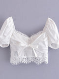 Rarove Hot Sexy Solid Bandage Tie Up Vintage Frill Lace Camis Tops Female Women Summer White V Neck Strap Crop Top Party Club
