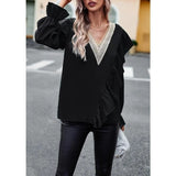Rarove- Elegant Ruffle Blouse Women V-Neck Long Sleeve t Shirt Lady Spring Autumn Temperament Solid Color Black Tops