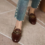 Rarove New Women Chain Loafers Low Heels Genuine Leather Round Toe Slip On Loafers Ladies Cozy Casual Spring Shoes