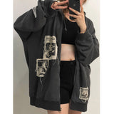 RAROVE Grunge Gothic Emo Hoodie Women Oversize Harajuku Streetwear Black Patchwork Sweatshirts Vintage Style Autumn Zipper Top