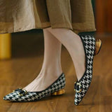 Rarove Fall Outfit Spring Women's Pumps Pointed Toe Round Low Heel Metal Decoration Ladies Heels Fashion Classic Retro Black Checkered Female Shoes