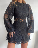 Rarove Fashion Clubwear Women Sexy Lace Mini Dress Female  Mini Crochet Hollow-Out  Lantern Sleeve Lady Party Dress