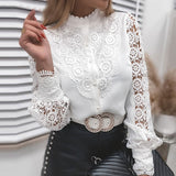 Rarove Autumn Sexy Lace Patchwork Hollow Out Shirt Fashion White Vintage Long Sleeve Tops Button Mesh Crochet Lace Blouse Women Blusas