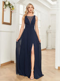 Rarove Elegant Deep V-Neck Navy Blue Chiffon Long Evening Dress For Women Beaded Backless Wedding Party Prom Dresses