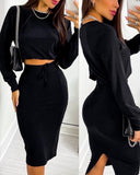 Rarove Black Friday Women Two Piece Suits Long Sleeve Top & Chain Print Colorblock Drawstring Shirred Skirt Set Sexy Robe Femme