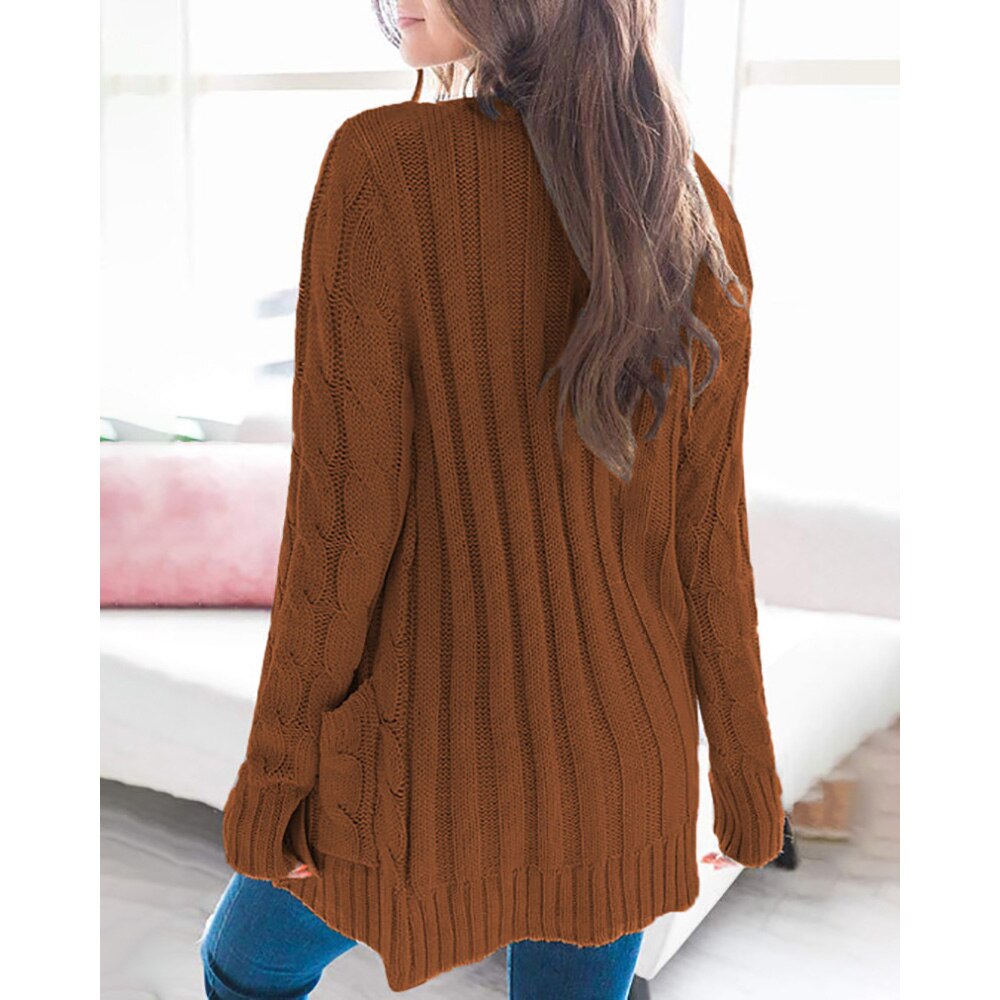 Rarove Women Sweater Coat Spring Autumn Long Sleeve Loose Knitted Solid Color Pocket Button Design Braided Cardigan Sweaters Tops