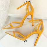 2022 Women's 10cm High Heels Yellow Sandals Lady Stripper Mesh Nude Strap Sandles Wedding Bridal Luxury Prom Sexy Pleaser Shoes