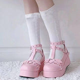 Graduation New Sweet Heart Buckle Wedges Mary Janes Women Pink T-Strap Chunky Platform Lolita Shoes Woman Punk Gothic Cosplay Shoes 43