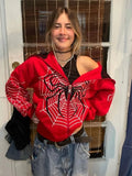 Rarove Y2k Emo Women Streetwear Hoodie Spider Web Red Zip Up Hoodies Grunge Oversized Sweatshirt Gothic Harajuku Alt Jackets Clothes