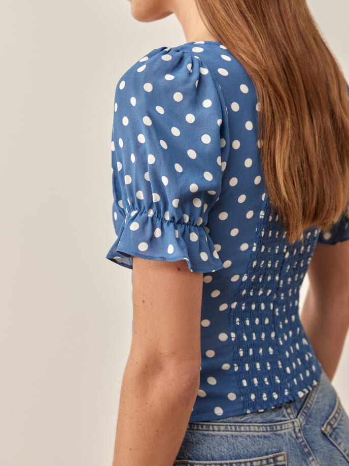 Rarove Summer Women Blue Polka Dot Print Shirt Retro Elastic Ruched Back Square Collar Short Sleeve Short Blouse Tank Tops