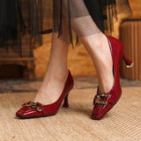 Rarove Banquet Wedding Women's Stiletto High Heel Square Head Wine Red Ladies Shoes Shallow Mouth Gold Chain Female Single Shoes