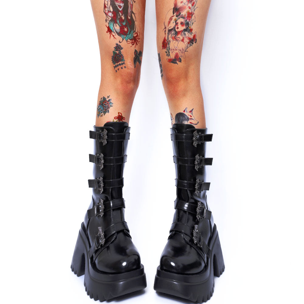 RAROVE Halloween Brand Punk Gothic Cosplay Motorcycle Combat Boots Women Zip Platform Chunky Heeled Mid Calf Boots Autumn Metal Shoes
