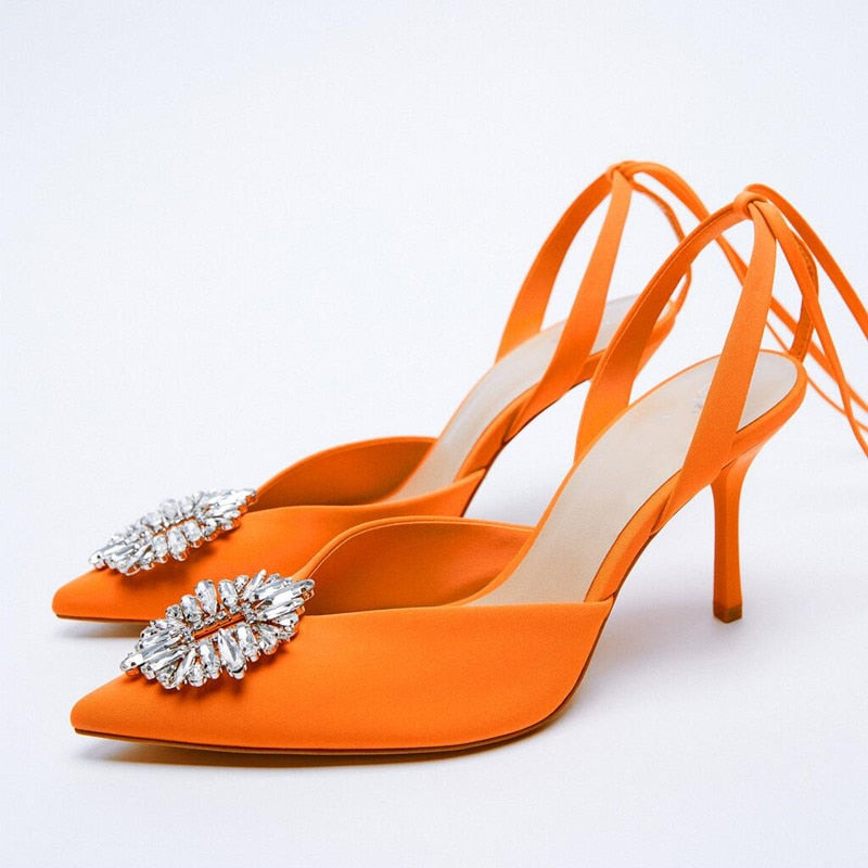 Rarove Graduation Prom Women's Shoes Autumn Orange Lace-up Stiletto Heel Pointed High Heel Rhinestone Buckle Temperament Muller Single Shoe Women