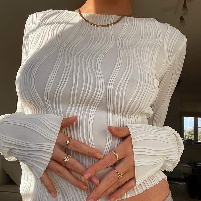 Rarove Long Sleeve Ruched White T-shirts Women Casual Skinny Basic Tee Pleated Corset Pulovers T Shirt Crop Top Y2K Clothes 2023