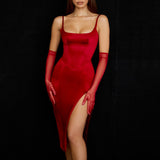 Rarove Elegant With Slit Dresses For Women Summer Bodycon Satin red Birthday Party Dresses Sexy Spaghetti Strap Midi Dress