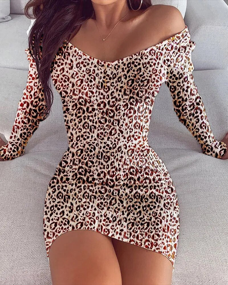 Rarove- 4 Colors Leopard Printing Mini Dress Sexy Lady V-Neck Long Sleeve Dresses Women Club Party Leopard Dress Large Size 5Xl