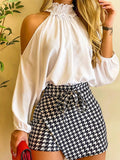 Rarove Autumn outfits Fashion Women Two Piece Set Could Shoulder Long Sleeve  Top & Houndstooth Print Mini Skort Set