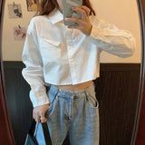 Rarove Thanksgiving All-Match White Shirts For Women Daily BF College Pockets Cropped Blouse Tops Girl Casual Solid Simple Women's Clothing