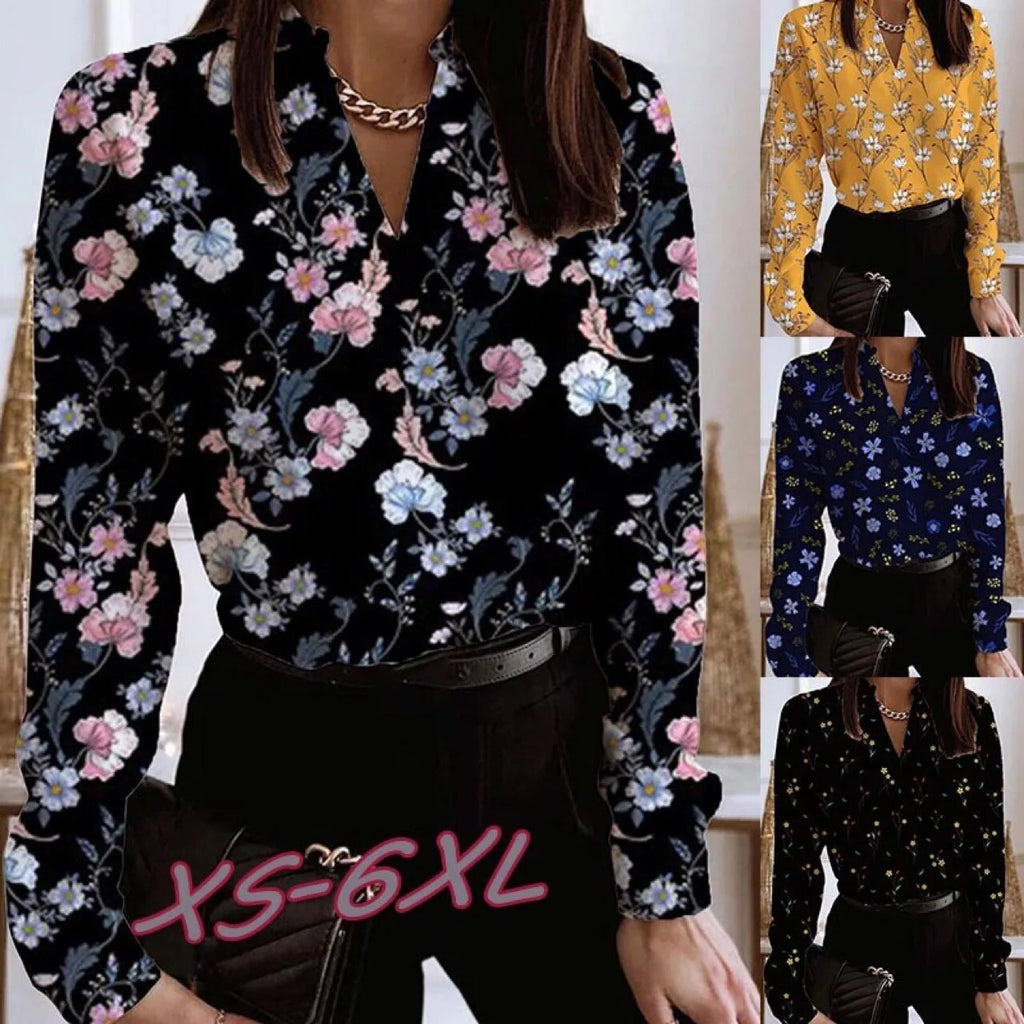 Rarove- Vintage Lapel Button Flower Print Blouse Women Stylish Loose Shirt Autumn 2023 Long Sleeve Elegant Lady Tops