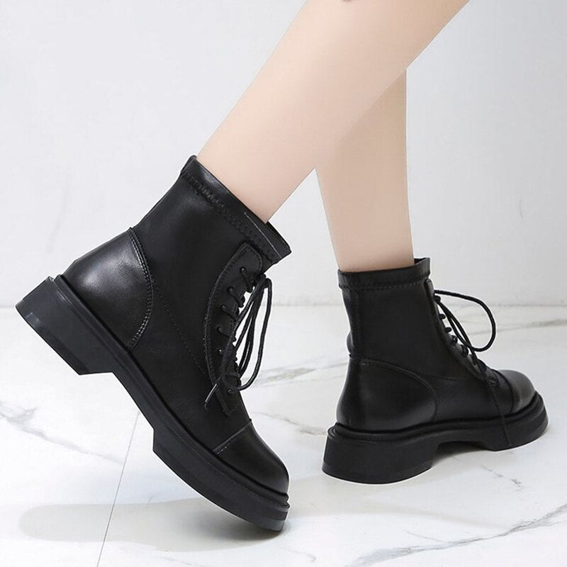 Rarove Back to school Lace Up Platform Ankle Boots For Women Autumn Winter Thick Sole Pu Leather Shoes Woman Warm Round Toe Motorcycle Boots