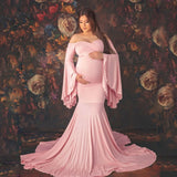 Maternity Photography Props Maternity Gown Photo Shoot Sexy Boho Shoulderless Bell Sleeves Maxi Long Dress Pregnancy Mermaid
