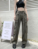 RAROVE Vintage Cargo Casual Lace Up Pants Baggy Women Fashion Streetwear Pockets Straight High Waist Straight Y2k Trousers Overalls