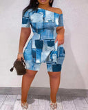 Rarove Women's Clothing Summer Short Suit Fashion Print Diagonal Collar Off-Shoulder Pants Suit Two-Piece Women's Clothing 2023