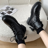Rarove Back to school Bowknot Pu Leather Ankle Boots Women 2022 Fashion Motorcycle Platform Botas Woman Black Lace Up Thick Sole Shoes Female