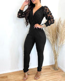 Rarove Women Fashion Casual Jumpsuits Overalls Solid  Dot Mesh Long Sleeve Jumpsuit