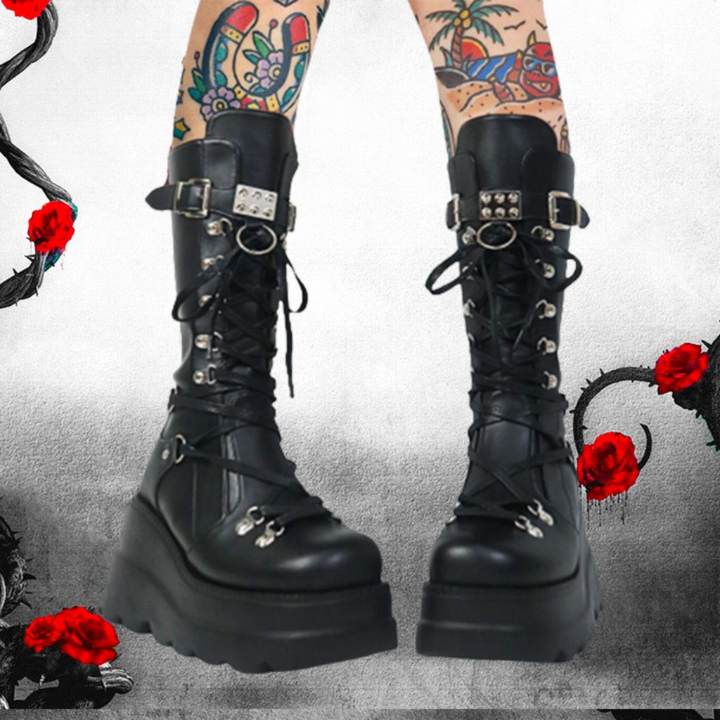RAROVE Halloween Platform High Wedges Goth Zip Buckle Women's Boots Long Metal Punk Black Cosplay Girls Shoeslace Heeled Mid Calf Boots
