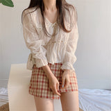 Rarove 2023 White Blouse Spring Hollow V-Neck Blouse Women Fashion Flower Loose Ladies Shirt Korean Sweet Long Sleeve Blusas Mujer