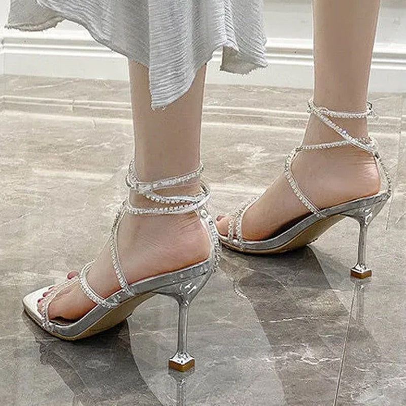 Rarove Fashion Rhinestones Gladiator Silver High Heels Ankle Strap Strappy Sandals Women Stiletto Party Bridal Shoes