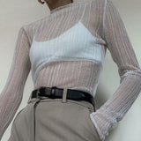 Rarove Thanksgiving 2023 Autumn See Through Sexy T-Shirts Tees Turtleneck Y2K Tops Fashion Women Long Sleeve Streetwear Slim Clothes Elegant 21979