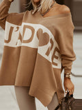 Rarove Women Fashion Long Sleeve Pullovers Top Letter Heart Print  V Neck Split Hemsweater Autumn Jumper
