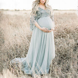 Rarove Fancy Maternity Dress For Photo Shoot Pregnant Women Large Swing Sequin Mesh Dress Elegant High Waist V-Neck Blue Long Dress