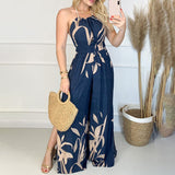 Rarove Back to School Women Fashion Elegant Sleeveless Partywear Jumpsuits Overalls Formal Party Romper Print Halter Slit Wide-Legs Party Jumpsuit