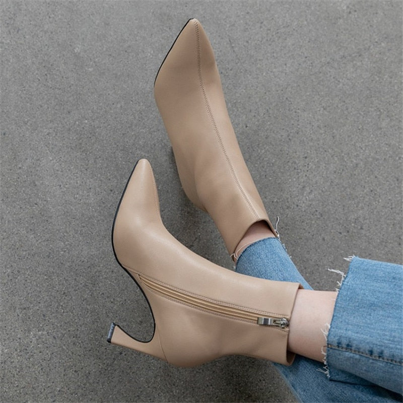 Rarove Black Friday Spring Thin Women Boots Simple And Versatile Solid  Boots Pointed Toe Thin Heels High(8.5Cm) Plush Lining/Pigskin Lining