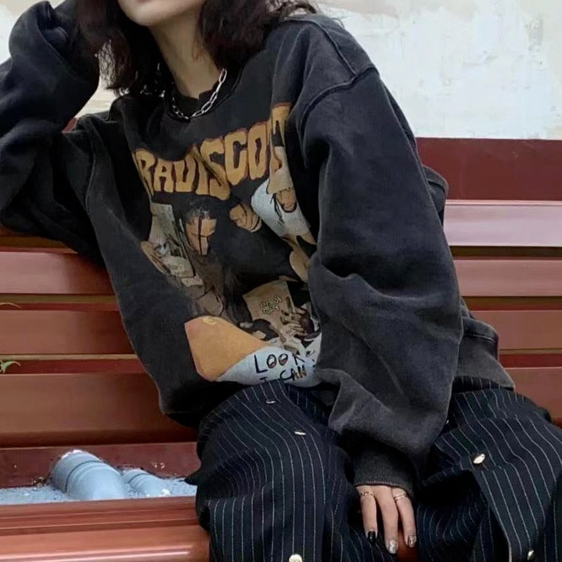 RAROVE Gothic Streetwear Graphic Print Grey Hoodie Women Punk Harajuku Hippie Crewneck Sweatshirts Vintage Pullover Female Top