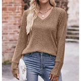Rarove- Autumn Stripe Top Women's V-Neck Long Sleeve Solid Knitted T Shirt Lady Casual Loose Pullover Clothing