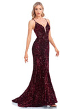 Rarove Luxury Deep V Neck Burgundy Sequin Evening Dress Guest Wedding Party Maxi Dress Mermaid Long Prom Dress Women 2023