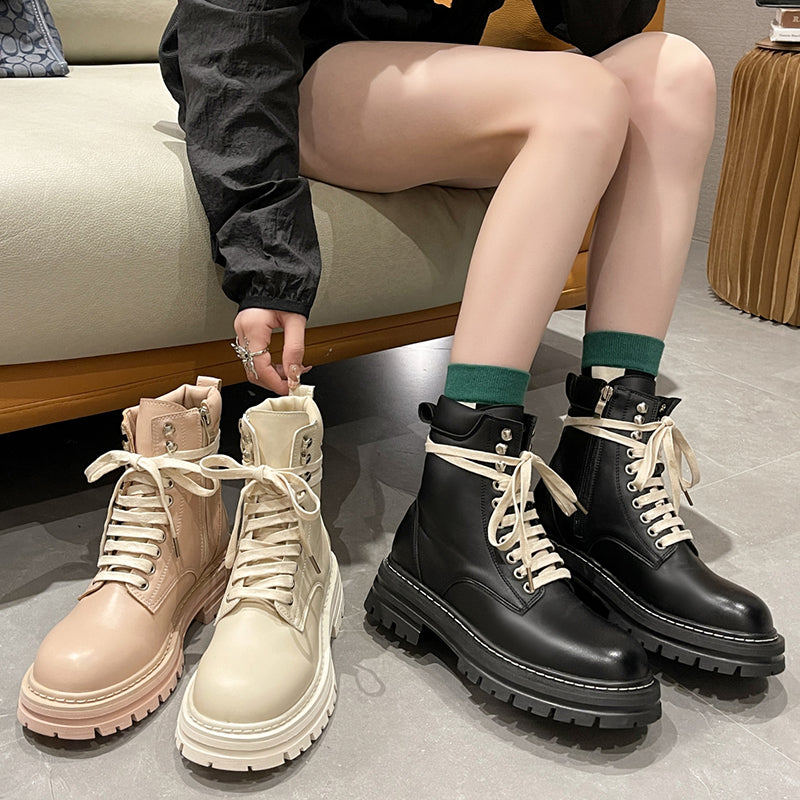 Rarove Back to school Lace Up Pink Platform Ankle Boots Women 2022 New Thick Bottom Pu Leather Boots Woman Side Zipper Flat Motorcycle Botas
