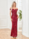 Rarove Luxury V-Neck Burgundy Sequin Evening Dress 2023 Women Bare Shoulders Party Maxi Dress Long Elegant Prom Gown Dresses