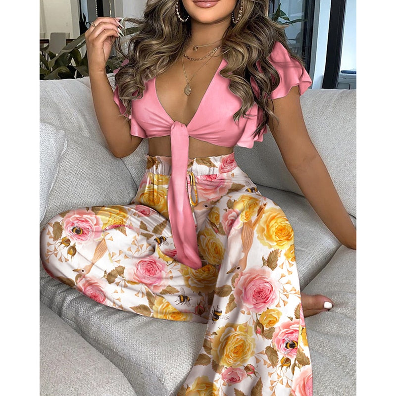Rarove Back to School Fashion Two Piece Set Casual Wear Suits Set Two Piece Outfit Floralprint Ruffles Sleeve Knotted Crop Top & High Waist Pants Set