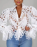 Rarove Women White Lace V Neck Hollow Out T-Shirts Long Sleeve Blouse Eyelet Embroidery Button Front Bell Sleeve Tops