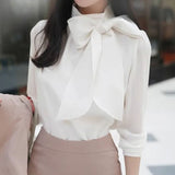 Rarove Black Friday Korean Women's Chiffon Blouses 2023 Autumn New Fashion Bow Long Sleeve Shirt Black White Elegant Streetwear Woman Tops