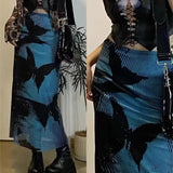 Rarove Retro High Waist Blue Skirts Women Summer Loose Black Butterfly Print Gothic Skirt Y2k Faldas Mujer Moda 2023 Saia