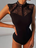 Rarove Women Black Lace Bodysuits Rompers Sleeveless Slinky Bodysuit