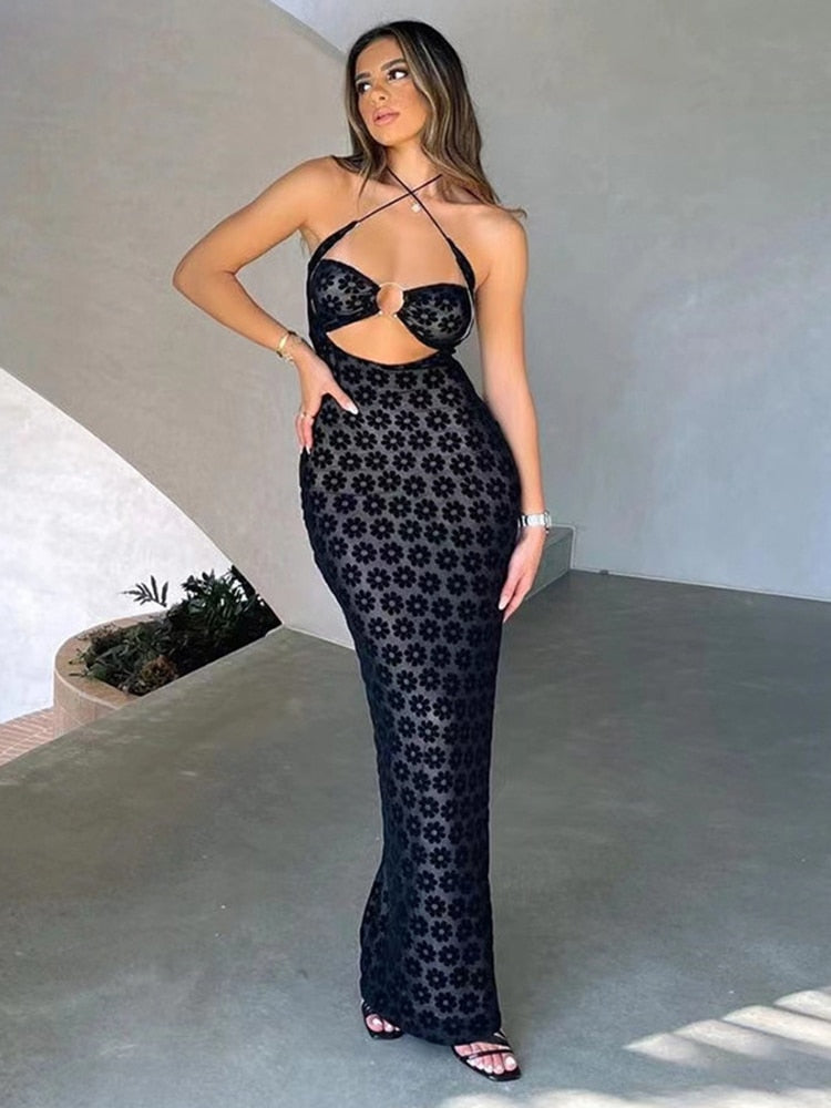 Rarove Elegant Floral Halter Cut Out Maxi Dress For Women Summer Sexy Backless See Through Club Party Gown Long Dresses