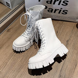 Rarove White PU Leather Ankle Boots For Women Fashion Lace Up Chunky Shoes Woman Autumn Winter Platform Motorcycle Boots